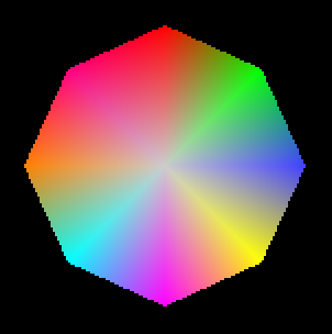 Danmakufu Screenshot displaying Triangle Fan behavior with a color gradient wheel